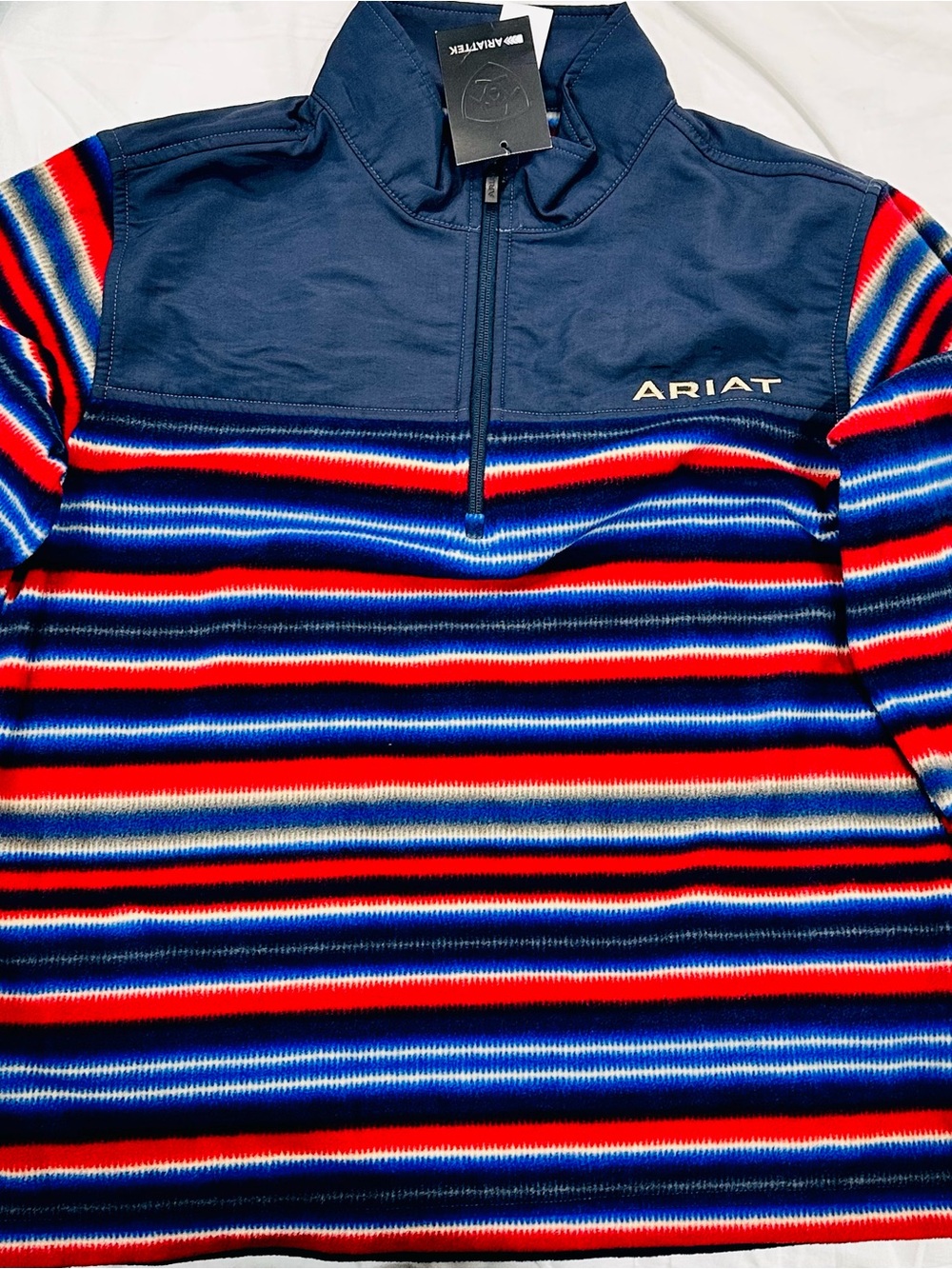 Ariat Men’s Navy Zip-Up Sweater with Red, Blue & White Stripes